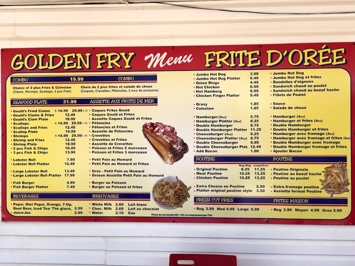 Menu at Golden Fry restaurant, Shediac