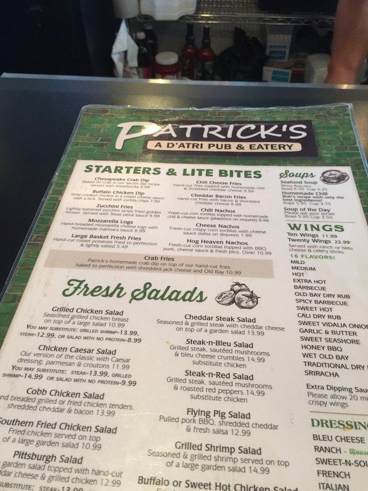 Menu at Patricks Pub, Cumberland