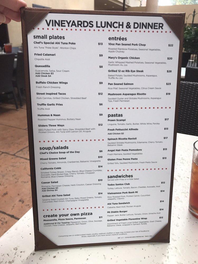 Menu at Vineyards Restaurant and Bar, Concord