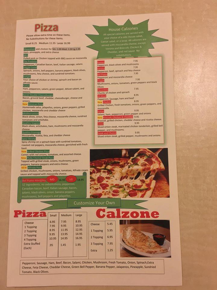 Menu at Bel Piatto restaurant, Kosciusko, Veterans Memorial Dr
