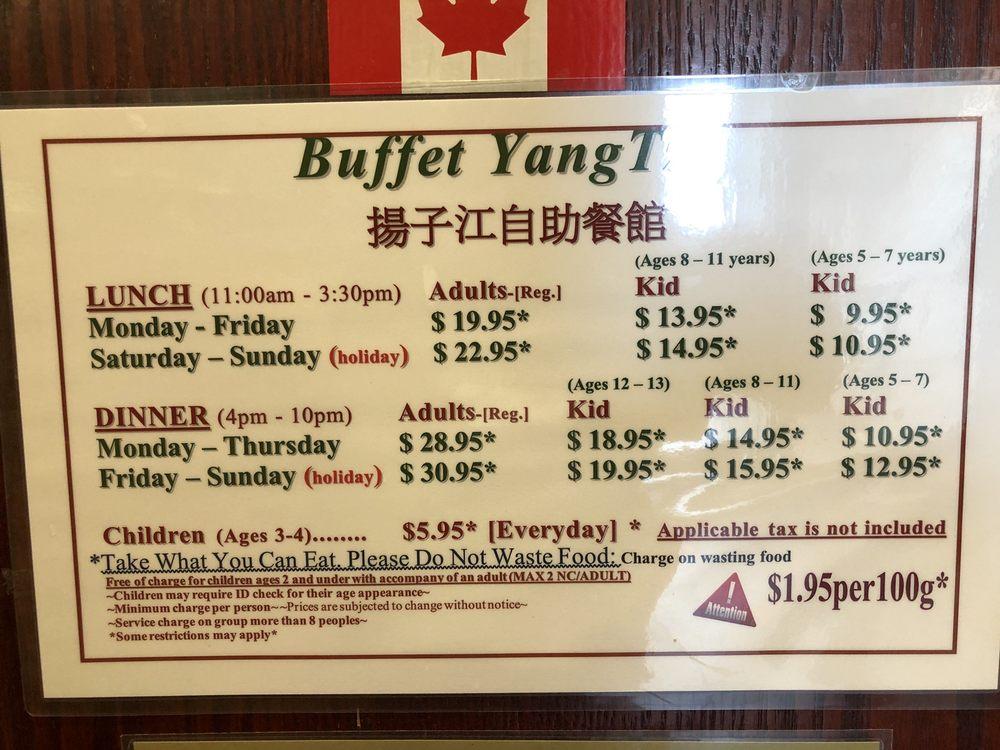 Menu at Buffet Yangtze restaurant, Calgary