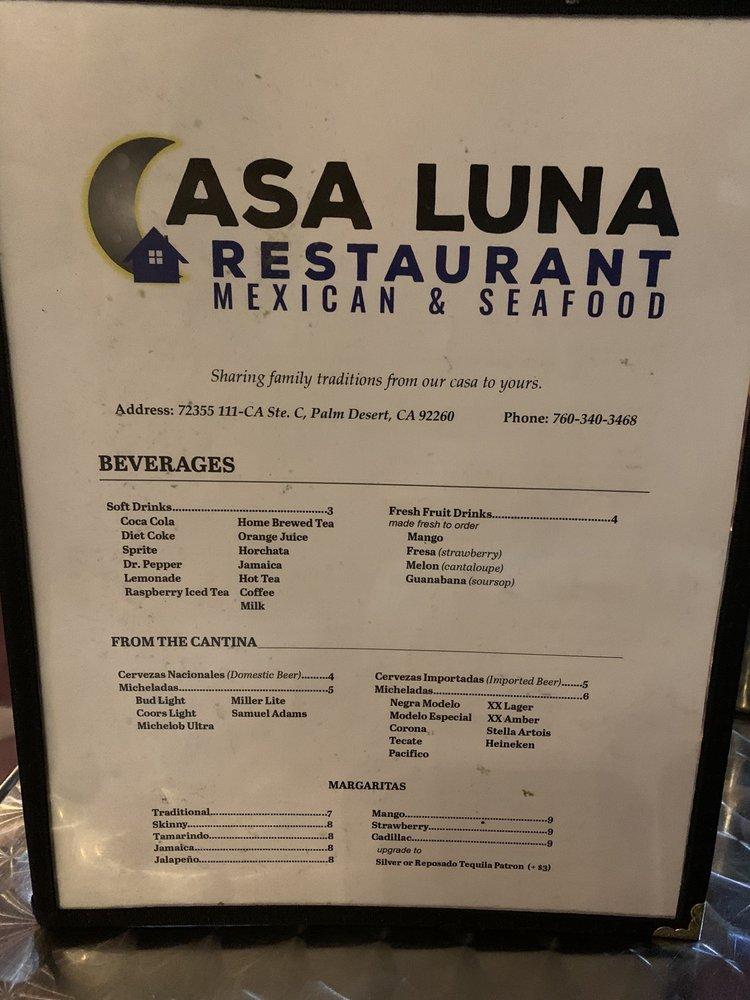 Menu at Casa Luna Mexican & Seafood Restaurant, Palm Desert