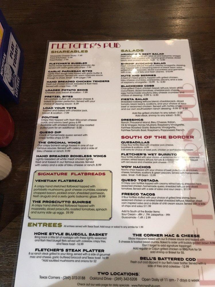 Menu at Fletcher's Pub, Kalamazoo, W Q Ave