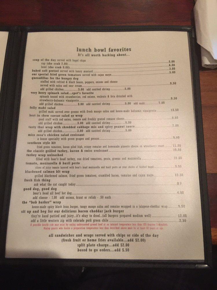 Menu at Lost Dog Cafe, Folly Beach