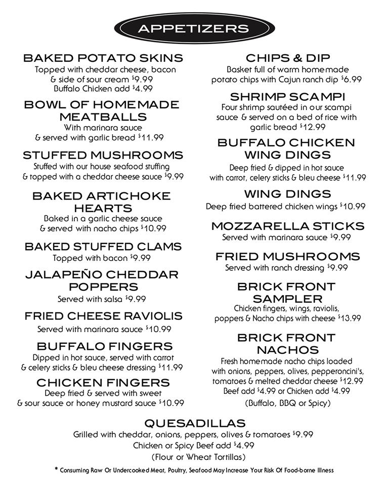 Menu at Brick Front RestaurantLounge, Laconia