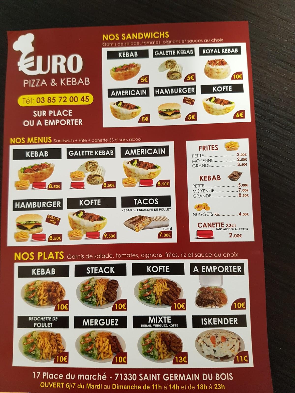 Menu au Euro Kebab fast food, Saint Germain du Bois