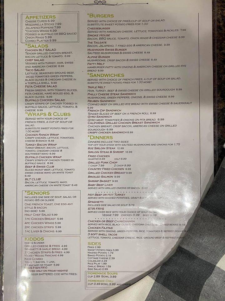 Carta de Shawano's Cafe, Shawano