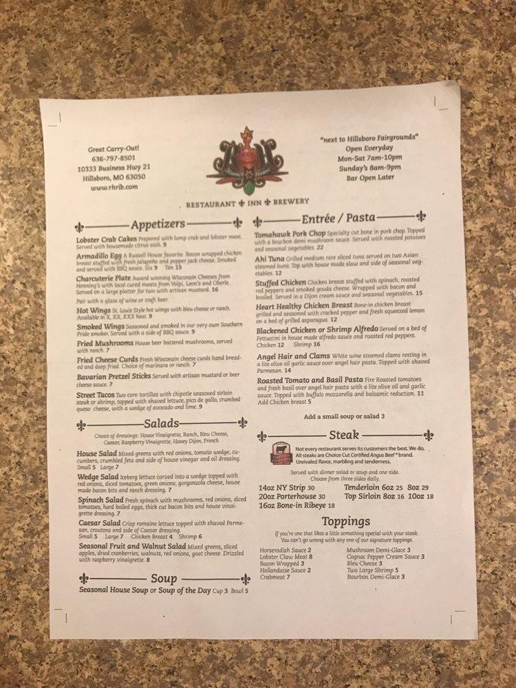 Menu at The Russell House Restaurant Inn and Brewery, Hillsboro