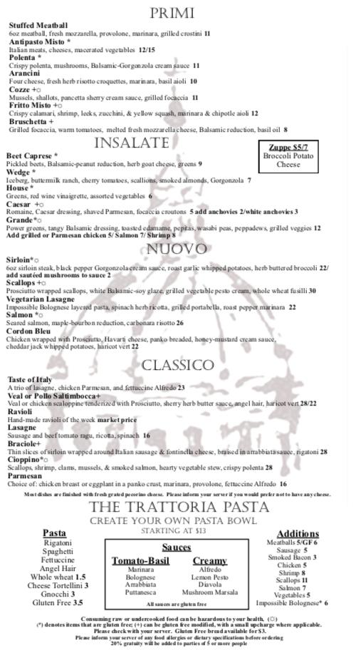 Menu at Trattoria Roma pub & bar, Columbus