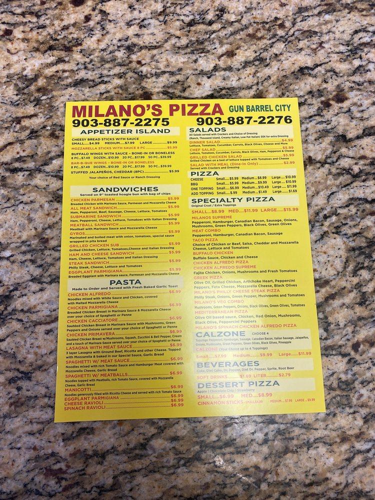 Menu at Milano's Pizza pizzeria, Gun Barrel City