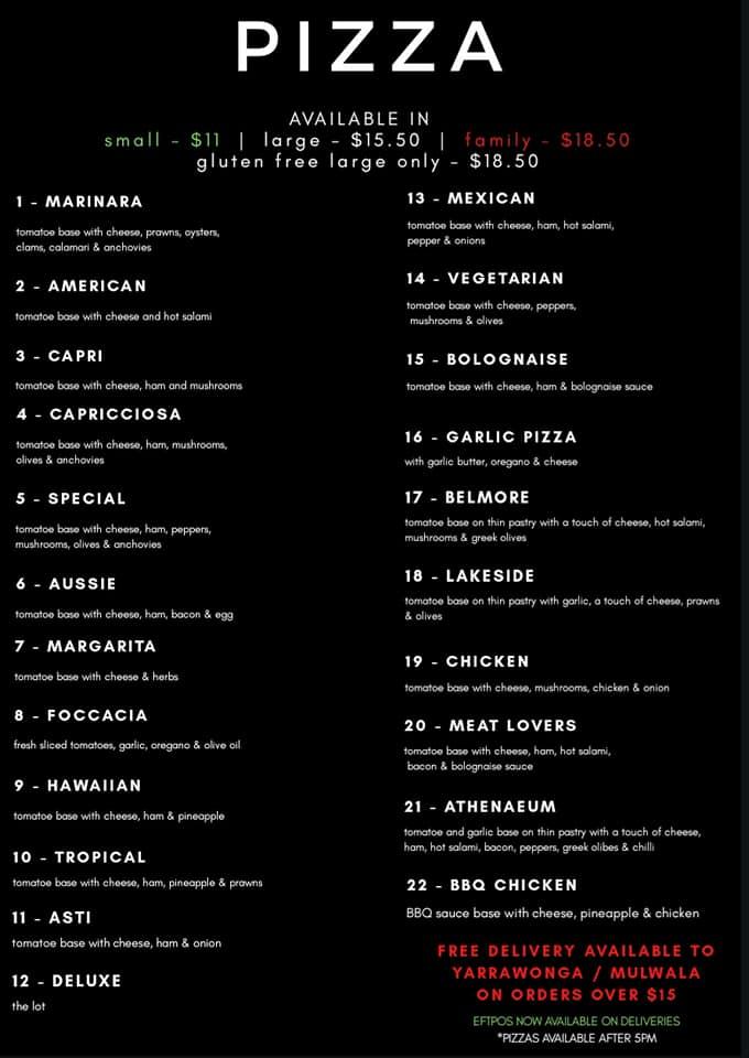 Menu at Athenaeum Yarrawonga restaurant, Yarrawonga