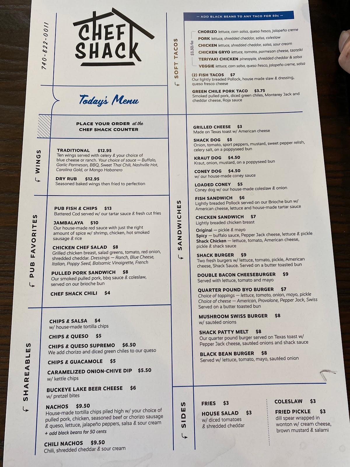 Menu at Chef Shack restaurant, Buckeye Lake