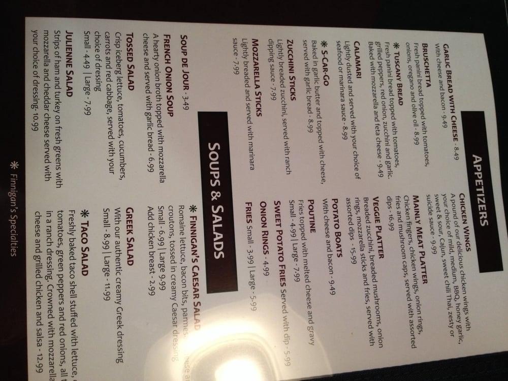 Menu at Finnigan's Road House pizzeria, Pembroke