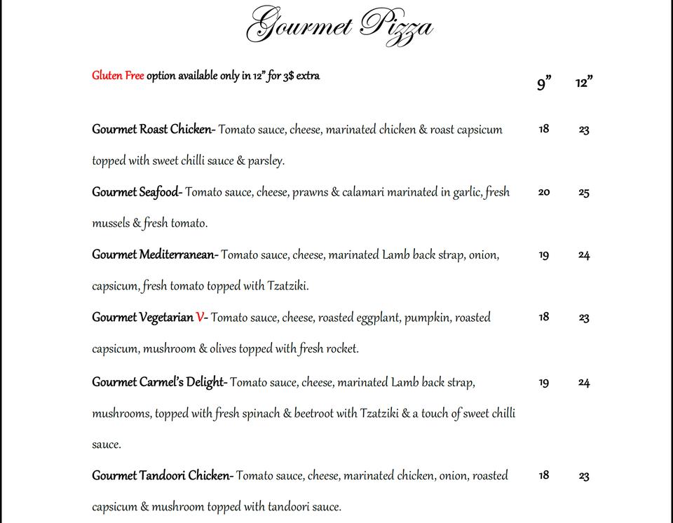Menu at Carmel's Cafe Bar and Grill, McLaren Vale