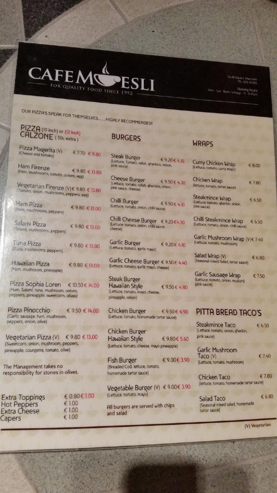 Menu at Cafe Muesli, Macroom