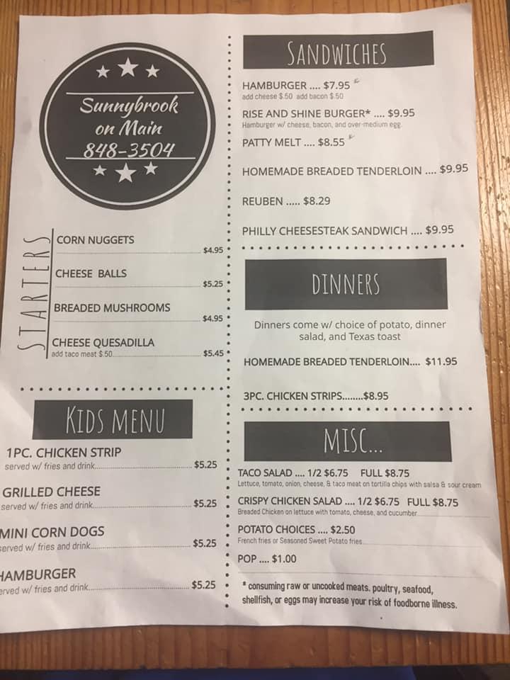 Menu at Sunnybrook on Main pub & bar, Rolfe