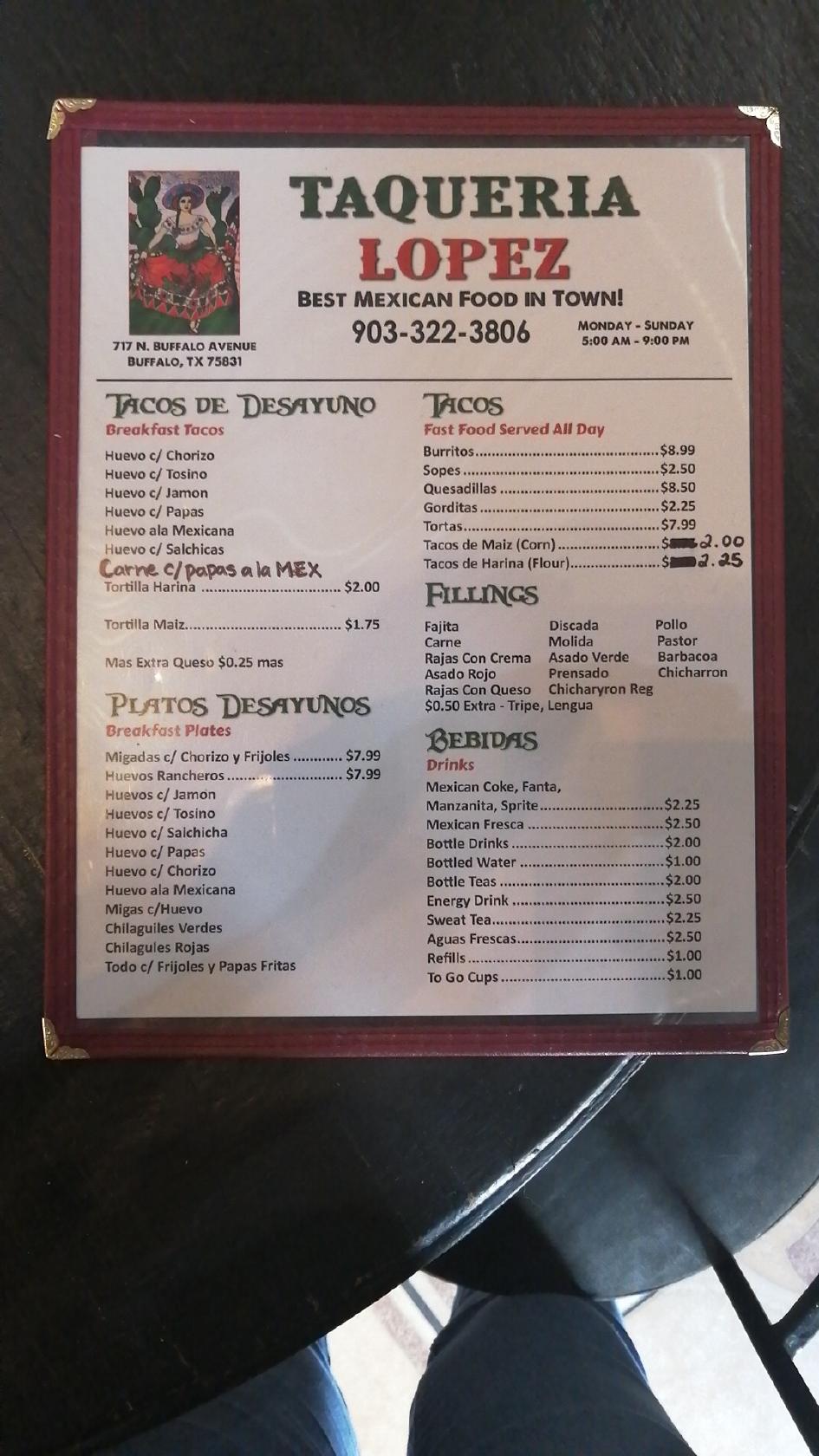 Menu at Taqueria Lopez restaurant, Buffalo