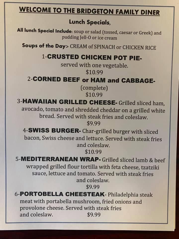 Menu at Bridgeton Family Diner restaurant, Bridgeton
