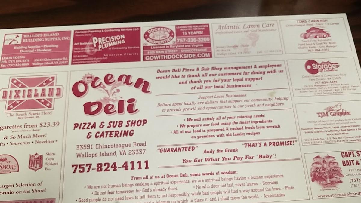 Menu at Ocean Deli pizzeria, Wallops Island