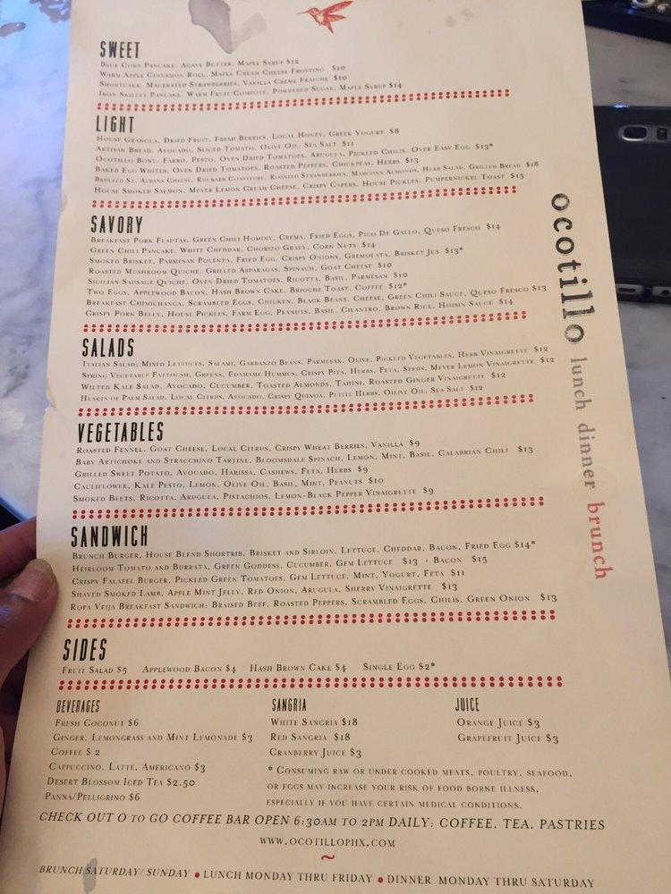 Menu at Ocotillo pub & bar, Phoenix