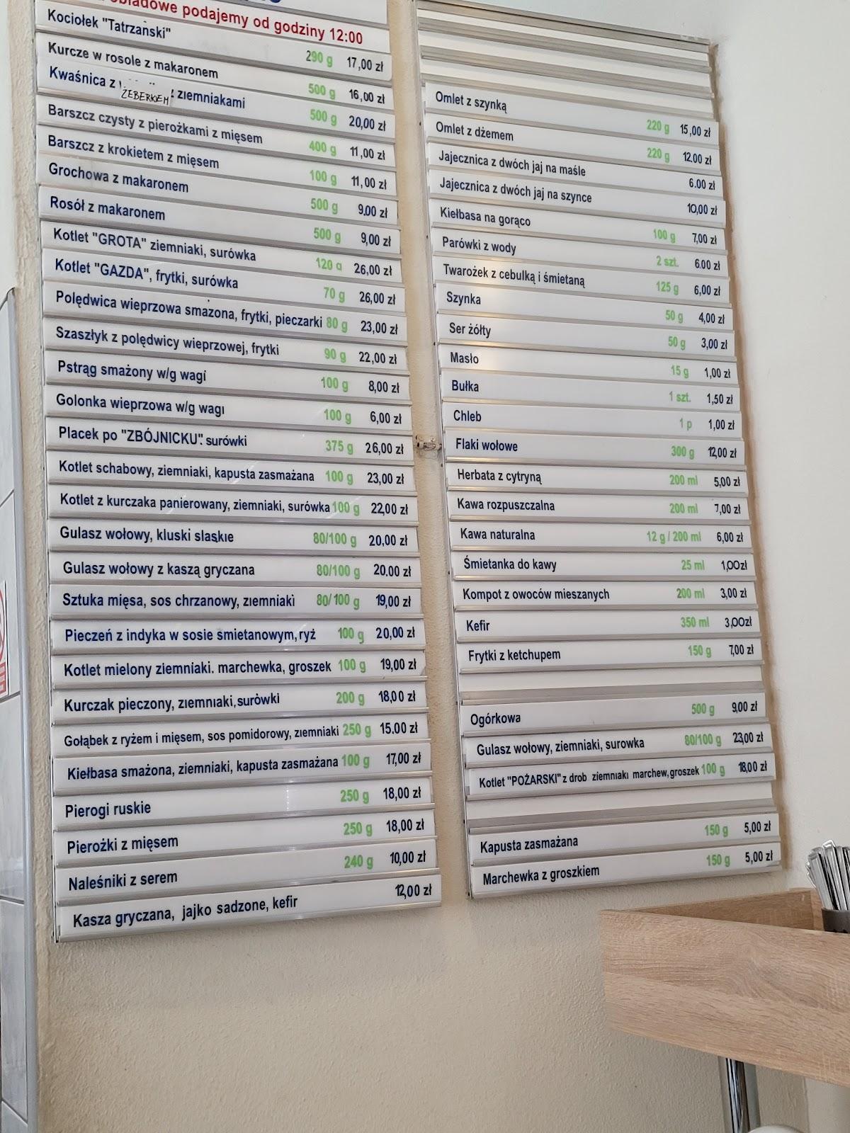 Menu at Bistro Grota restaurant, Zakopane