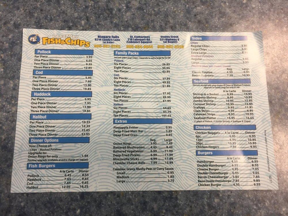 Menu at Lakeport Fish & Chips restaurant, Niagara Falls