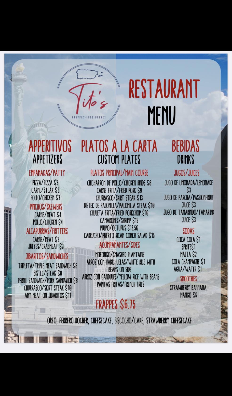 Menu at Tito's Latin Kitchen restaurant, Tampa