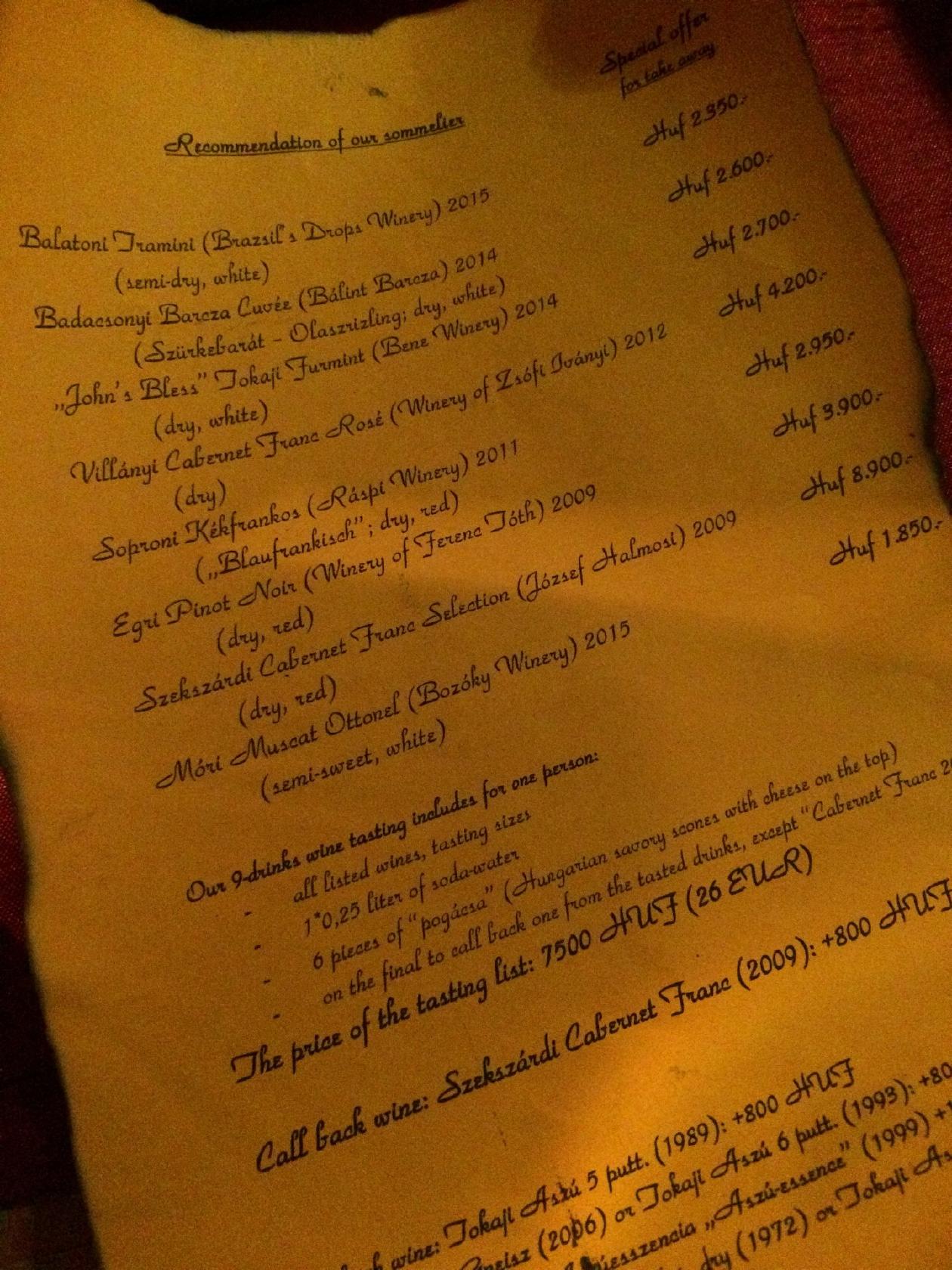 Menu at Faust Wine Cellar pub & bar, Budapest