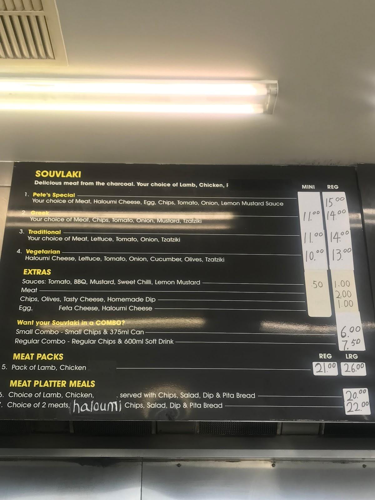 Menu at Pete's Charcoal Stop fast food, Ascot Vale