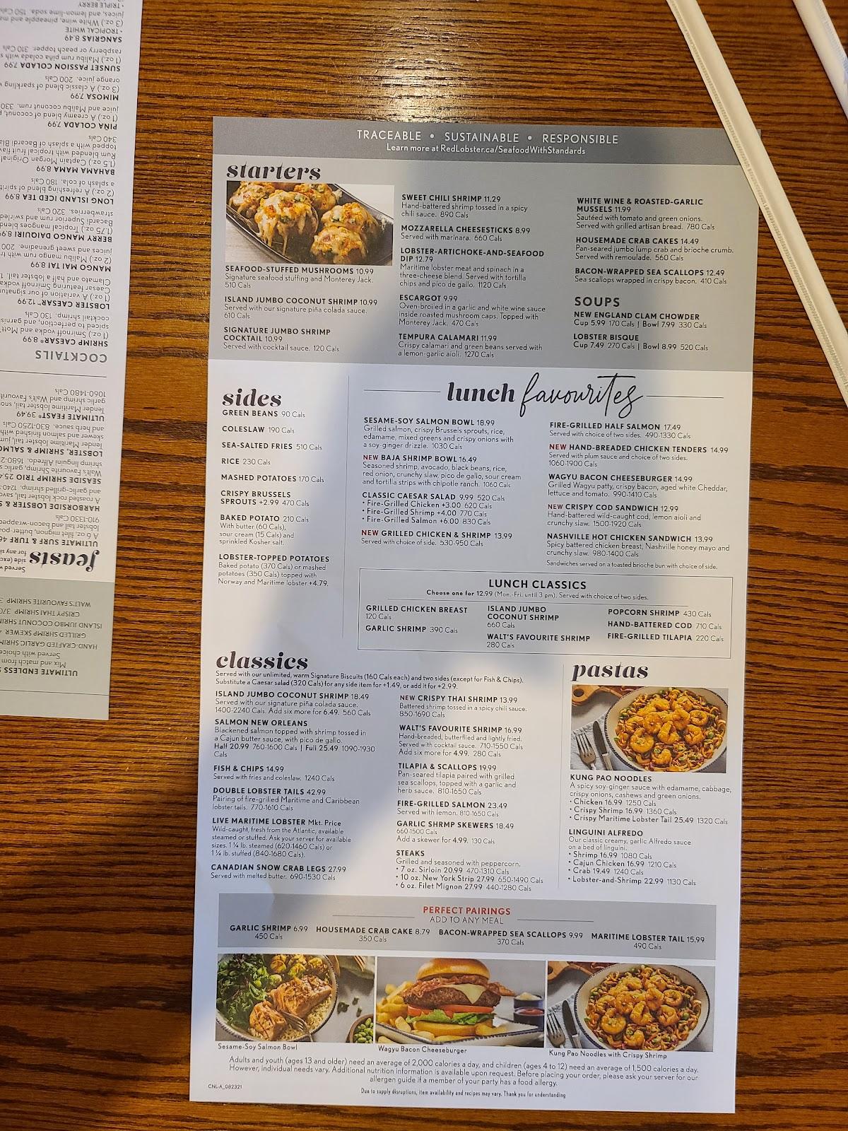 Menu at Red Lobster restaurant, Kitchener