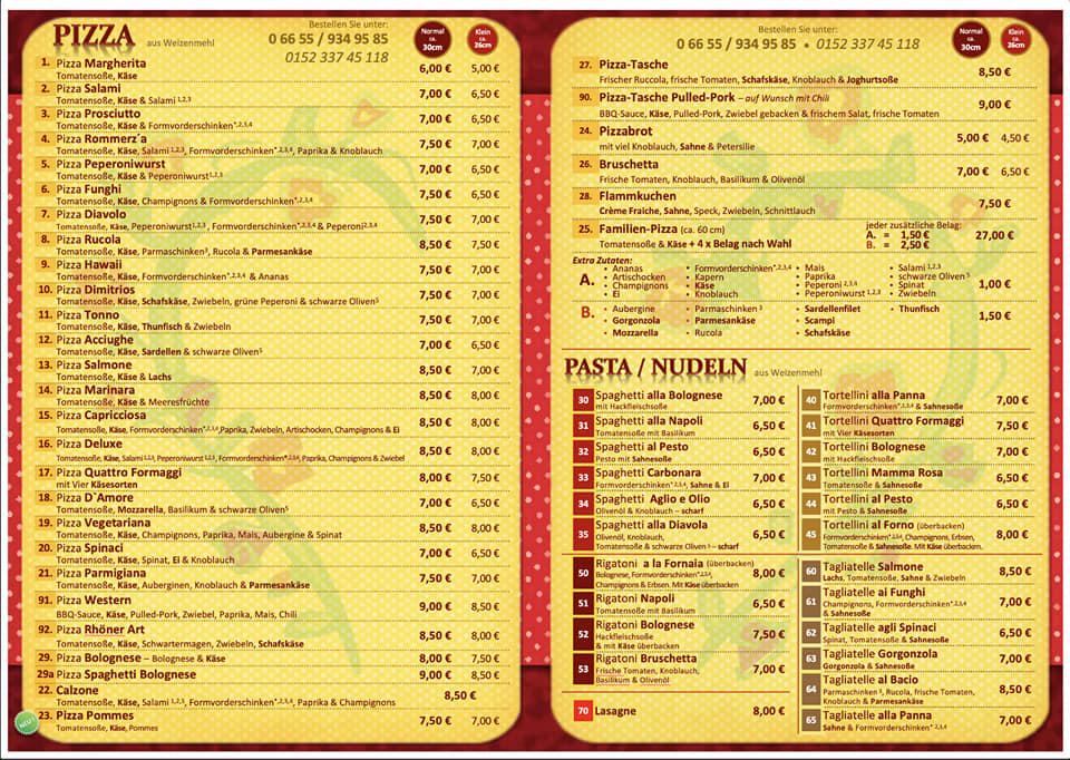 Menu at Pizzeria D' Amore, Neuhof