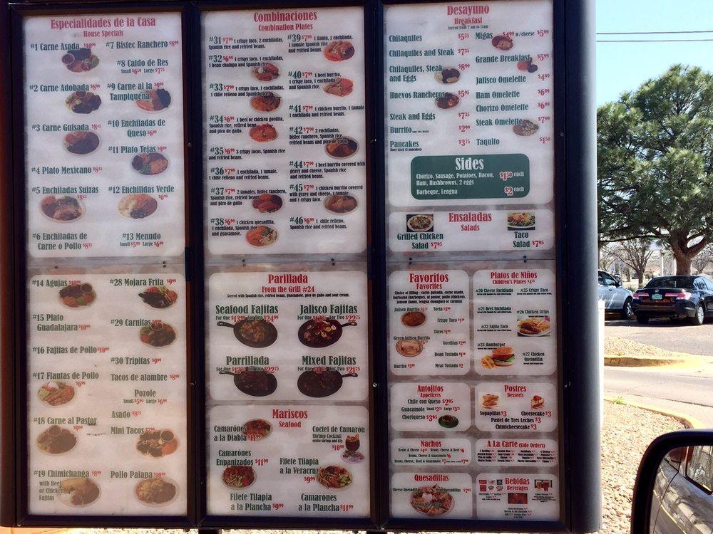 Menu at Taqueria Jalisco restaurant, Roswell
