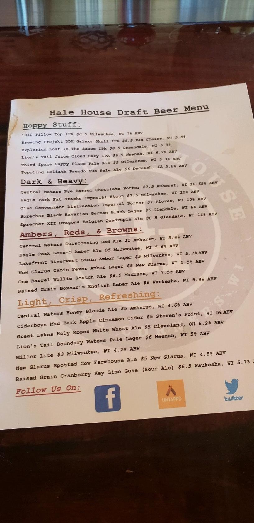 Menu at The Hale House pub & bar, Hales Corners