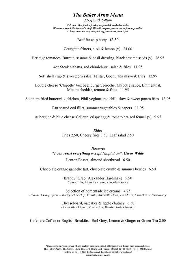 Menu at The Baker Arms pub & bar, Child Okeford