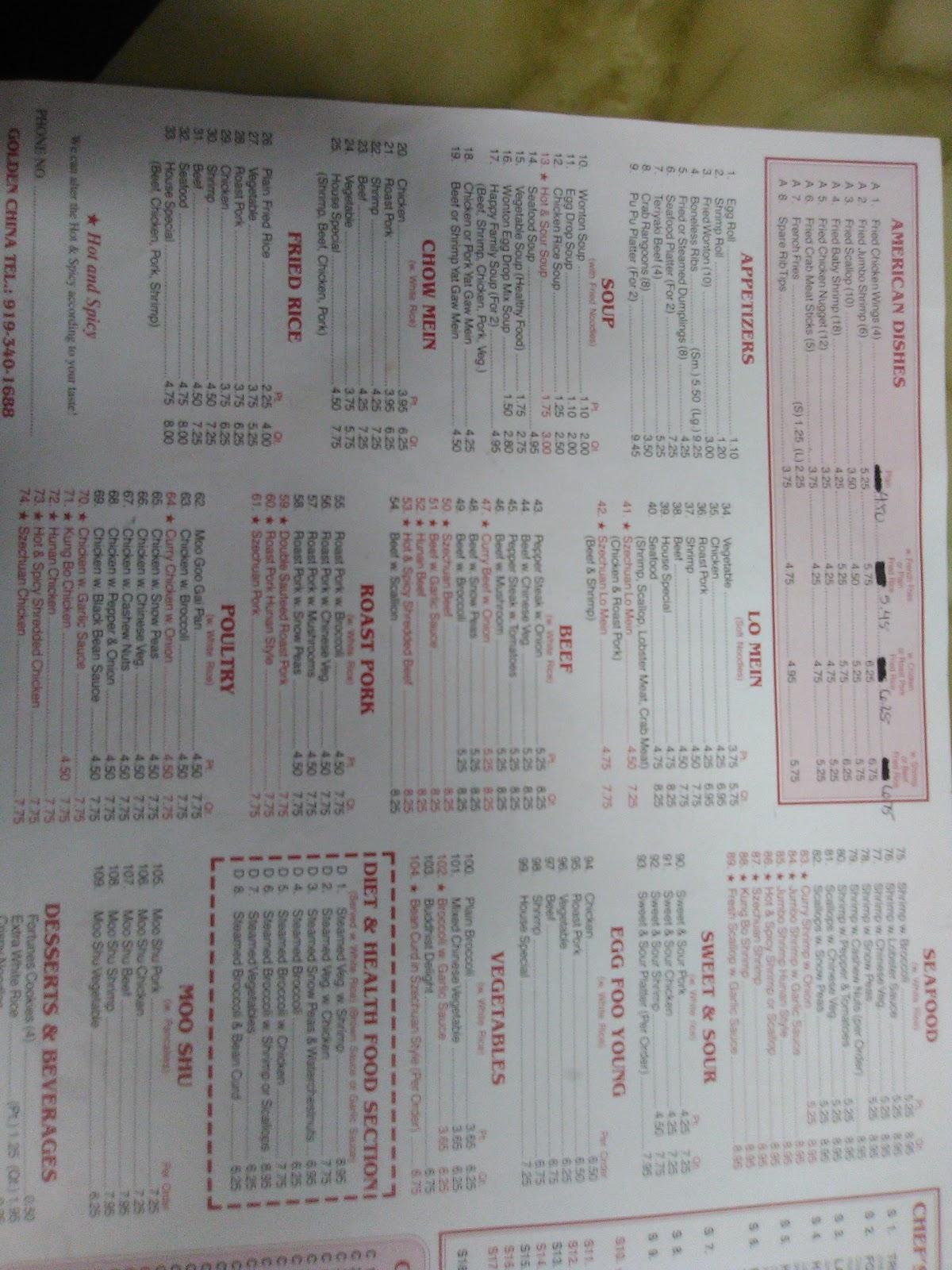 Menu at Golden China Restaurant, Louisburg, 135 Shannon Village