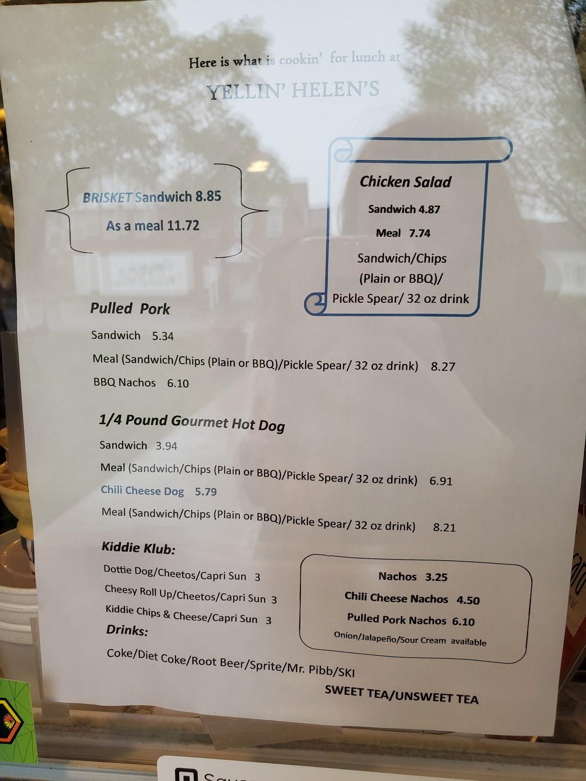 Menu at Yellin' Helen's cafe, Dix