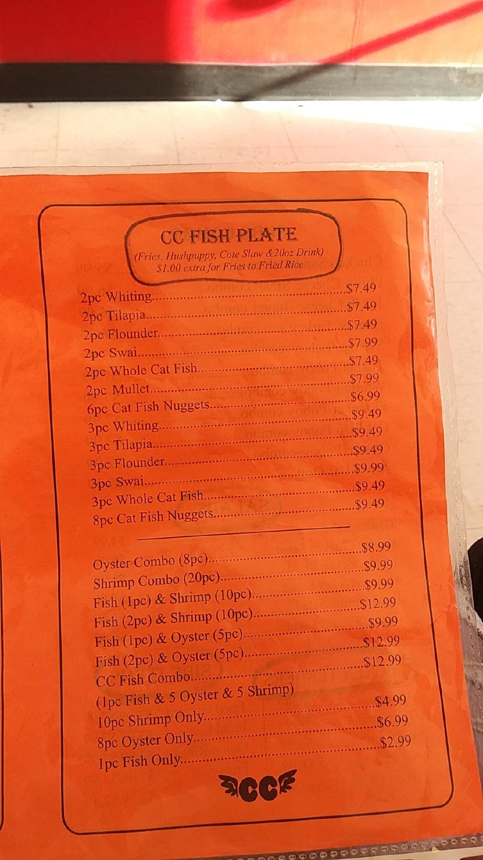 Menu at CC's Seafood restaurant, Warner Robins
