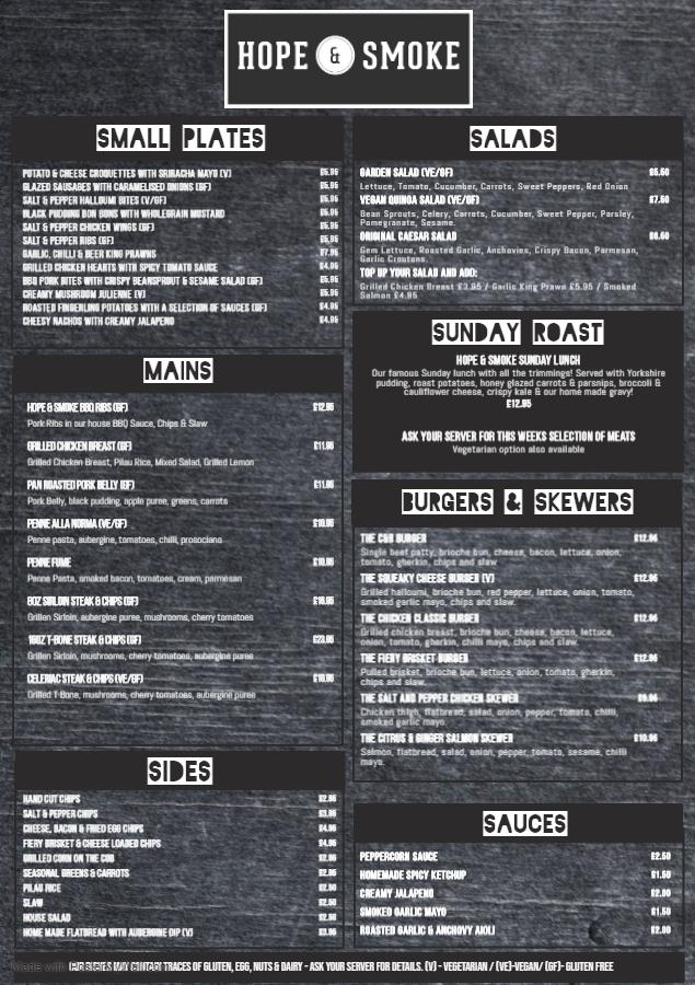 Menu at Hope & Smoke pub & bar, Liverpool