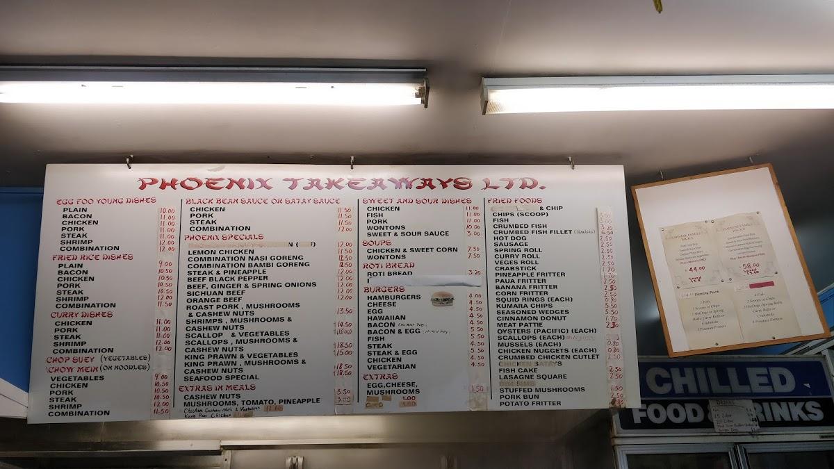 Menu at Phoenix Takeaways restaurant, Wellington