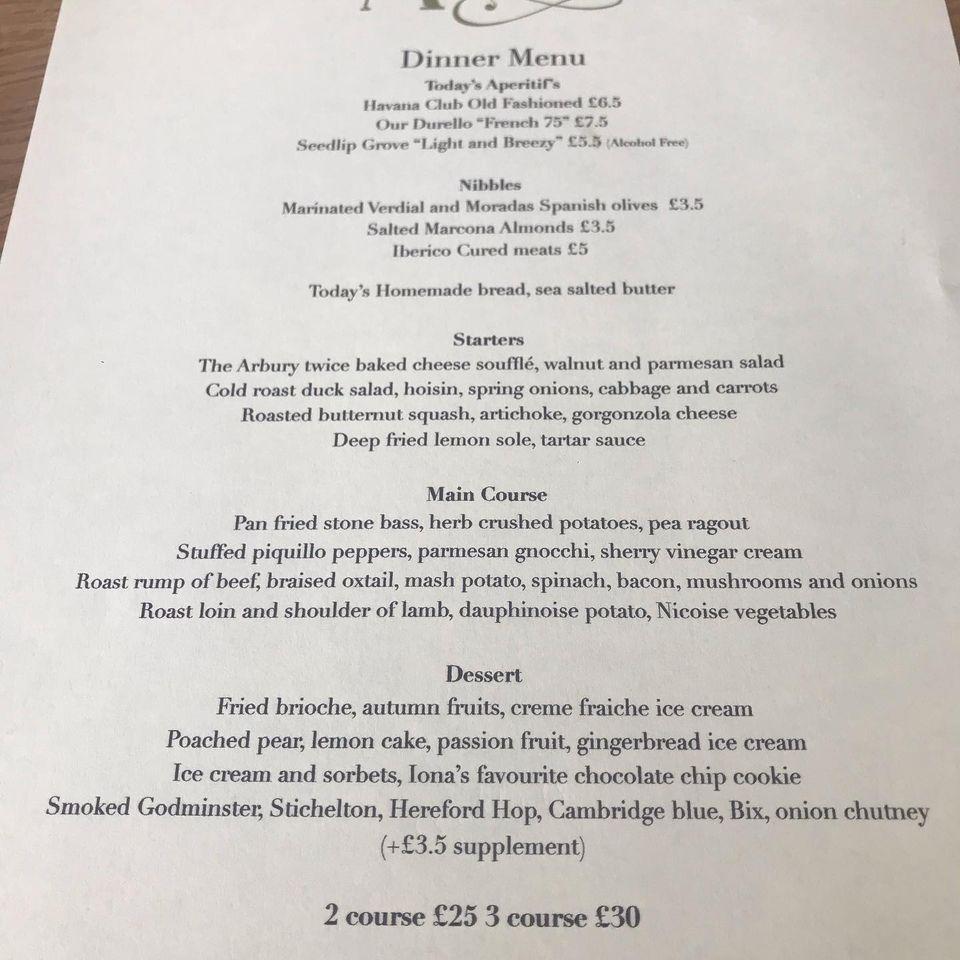 Menu at The Arbury Baldock restaurant, Baldock