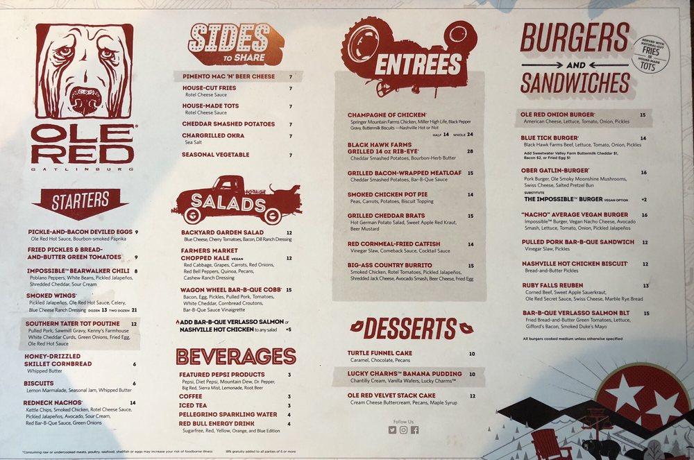 Menu at Ole Red pub & bar, Gatlinburg