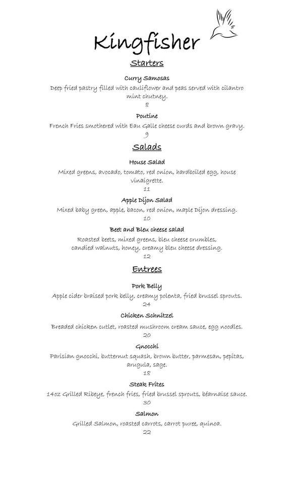 Menu at Kingfisher restaurant, Durand