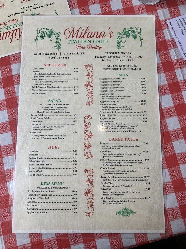 Menu at Milano's Italian Grill - Little Rock restaurant, Little Rock