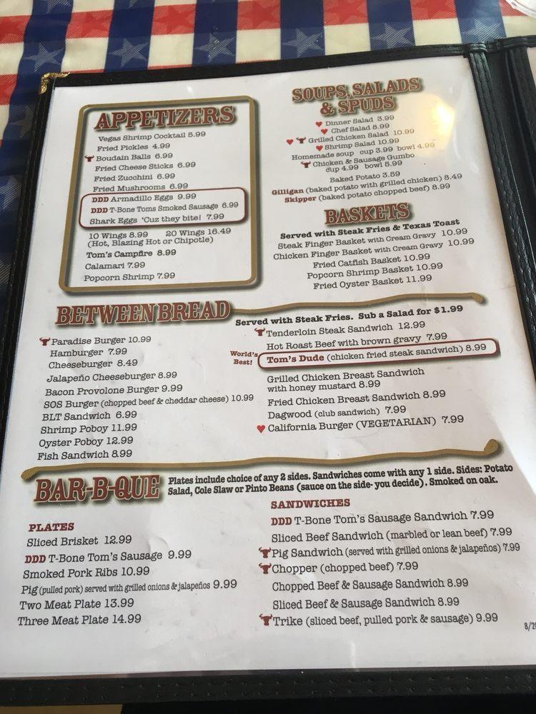 Menu at TBone Tom's BBQ, Kemah