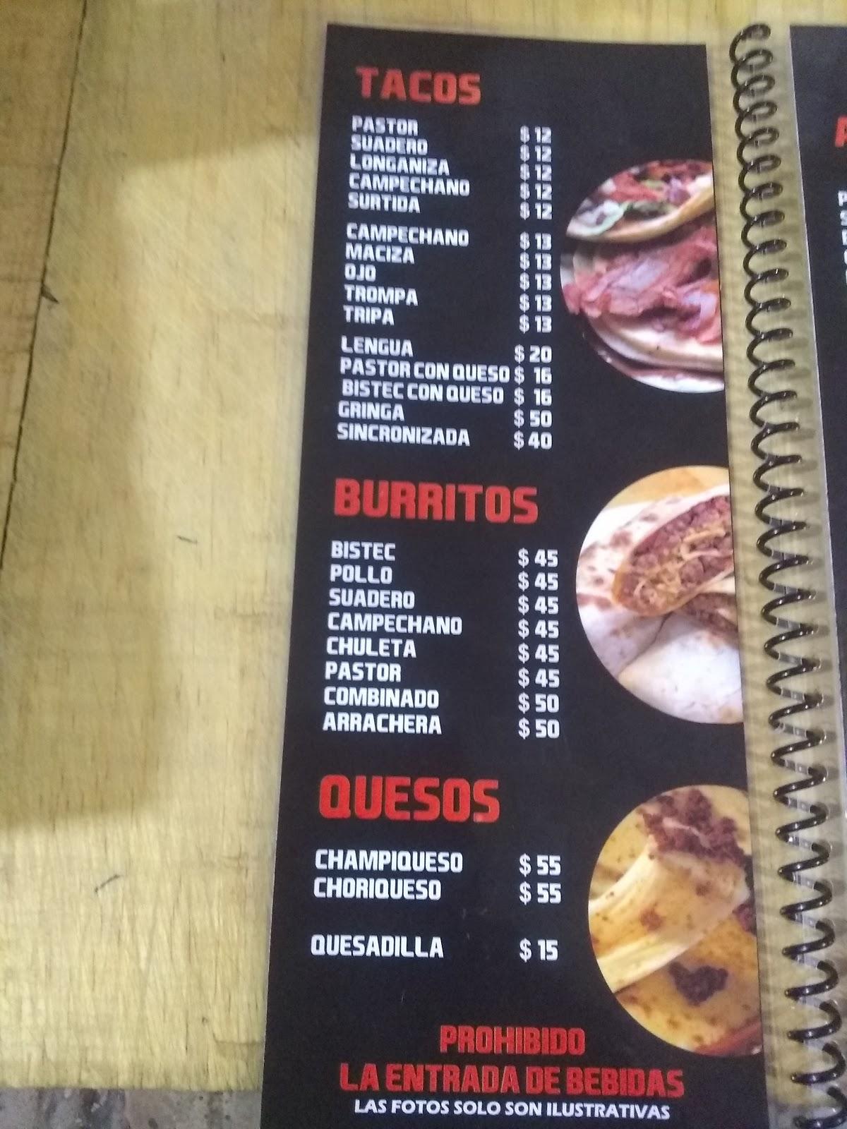 Menu at Taquería burrito Azteca restaurant, Mexico City