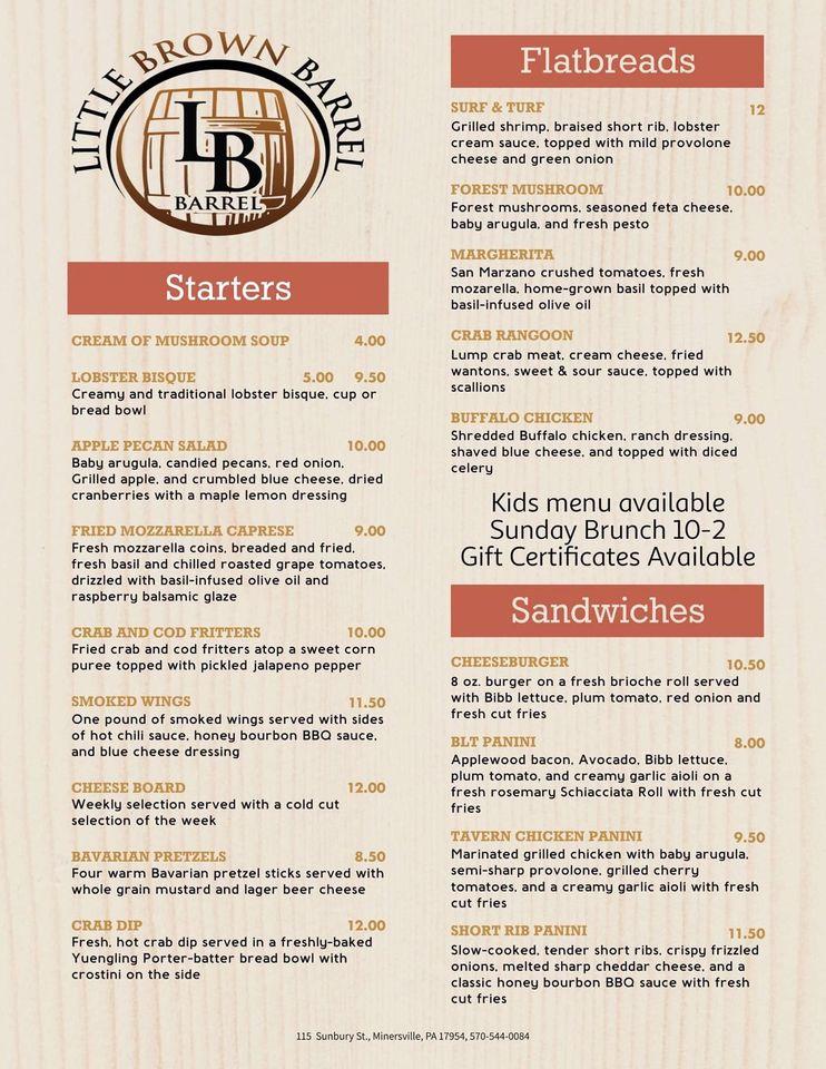 Menu at The Little Brown Barrel, Minersville