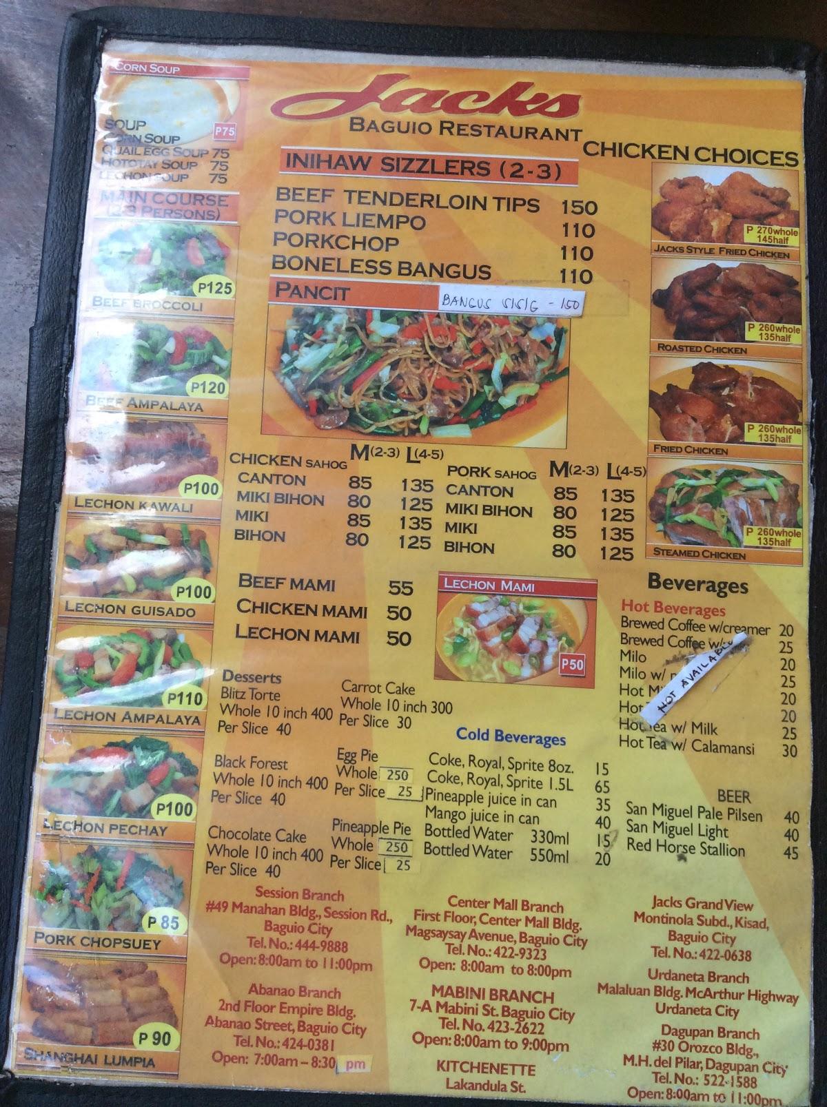 Menu at Jack's Baguio Restaurant, City, MacArthur Hwy