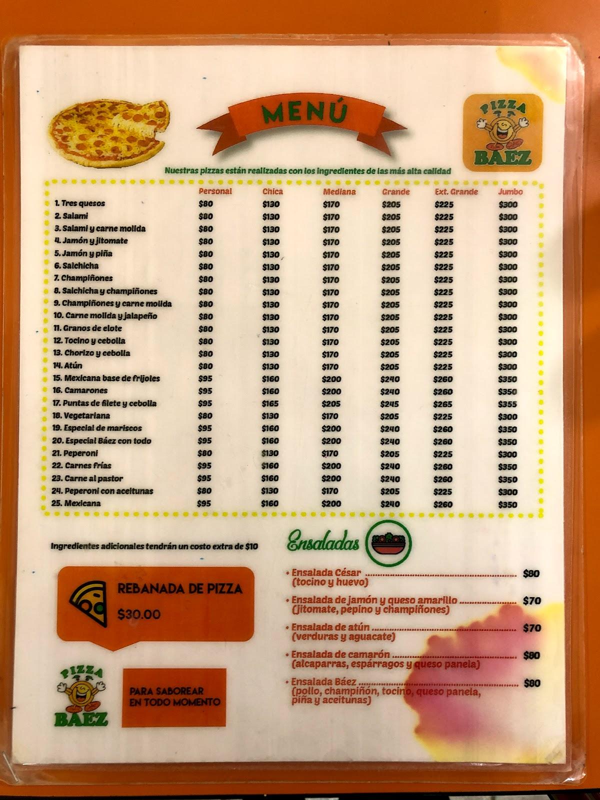 Menu at PIZZA BAEZ pizzeria, Guanajuato, Cantaritos 30