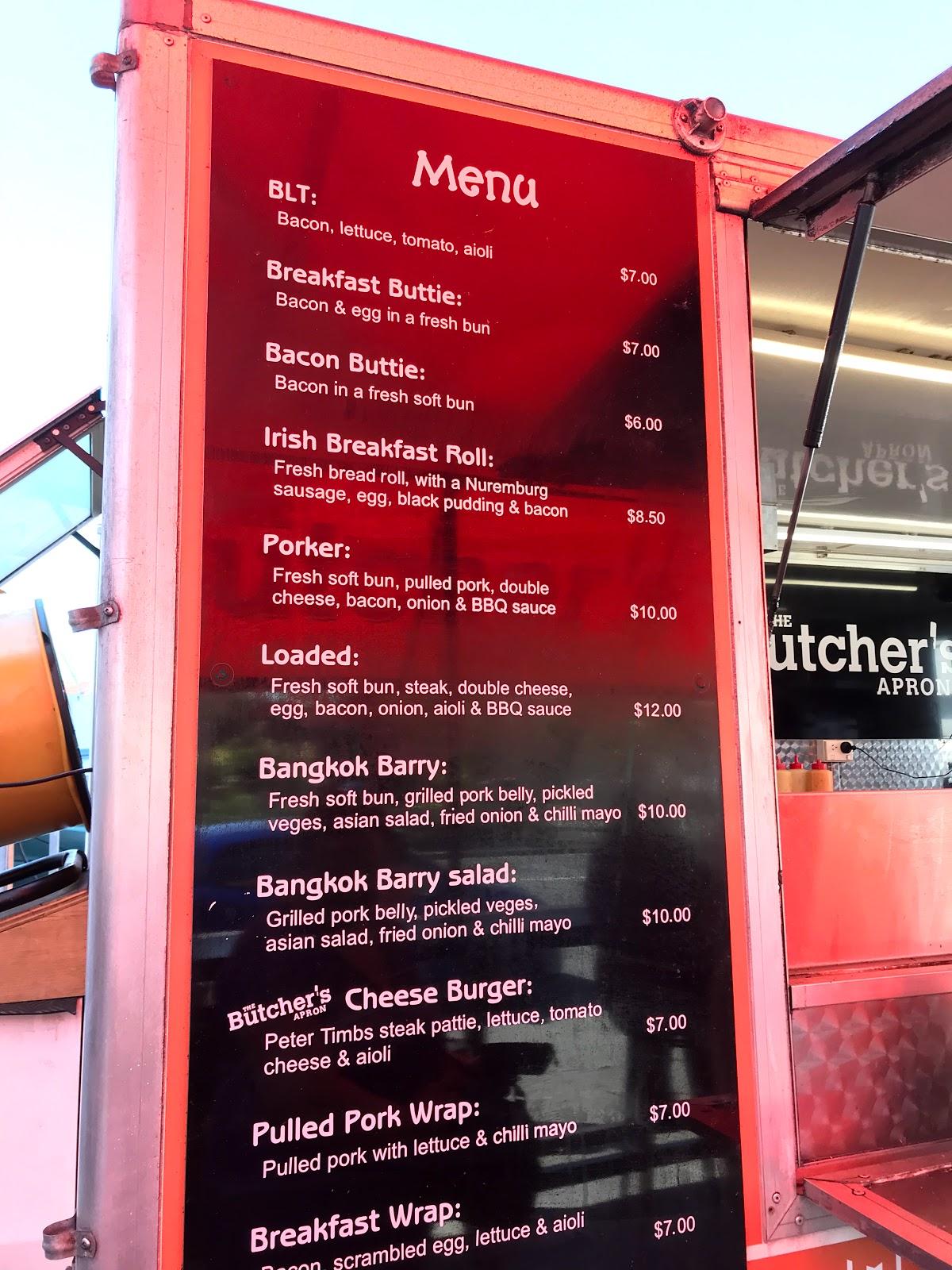 Menu at The Butcher's Apron cafe, Christchurch