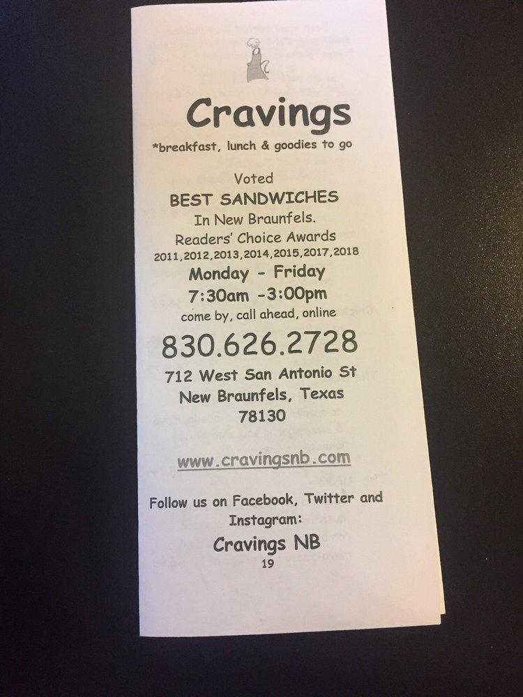 Menu at Cravings cafe, New Braunfels